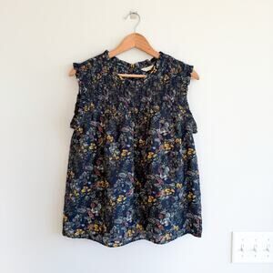 Caslon Floral Sleeveless Crew Neck Smocked Tank Blouse Navy M